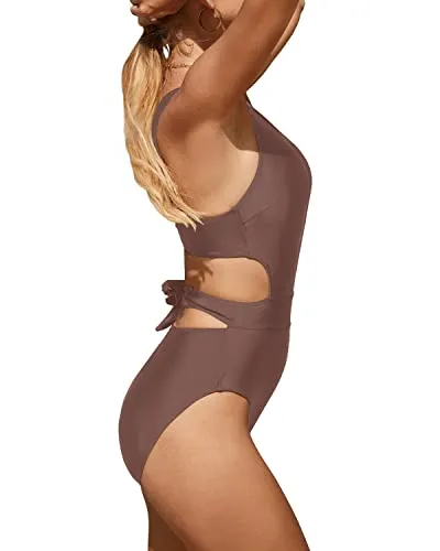 Stylish Teen Girls Tummy Control Cutout Monokini-Light Brown