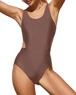 Stylish Teen Girls Tummy Control Cutout Monokini-Light Brown