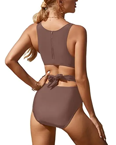 Stylish Teen Girls Tummy Control Cutout Monokini-Light Brown