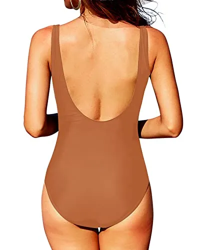 Stylish U Back Round Neck One Piece Swimsuits-Brown