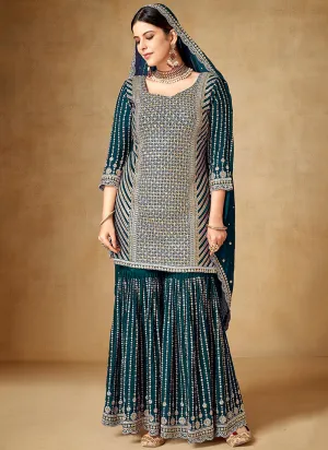 Turquoise Sequence And Zari Embroidery Gharara Suit