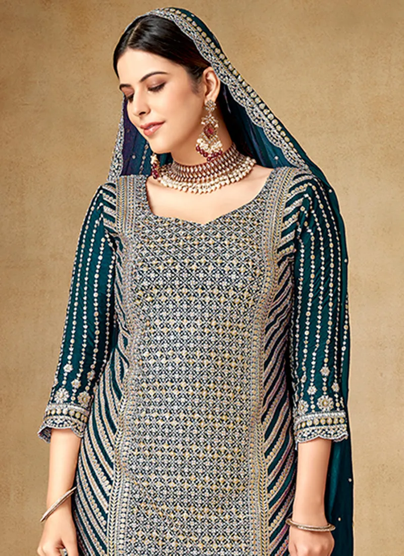 Turquoise Sequence And Zari Embroidery Gharara Suit