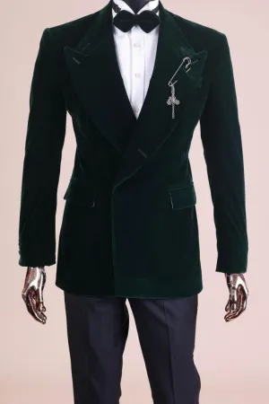 Wilbur Stylish Dark Green Peak Lapel Two-Piece Velvet Prom Suits