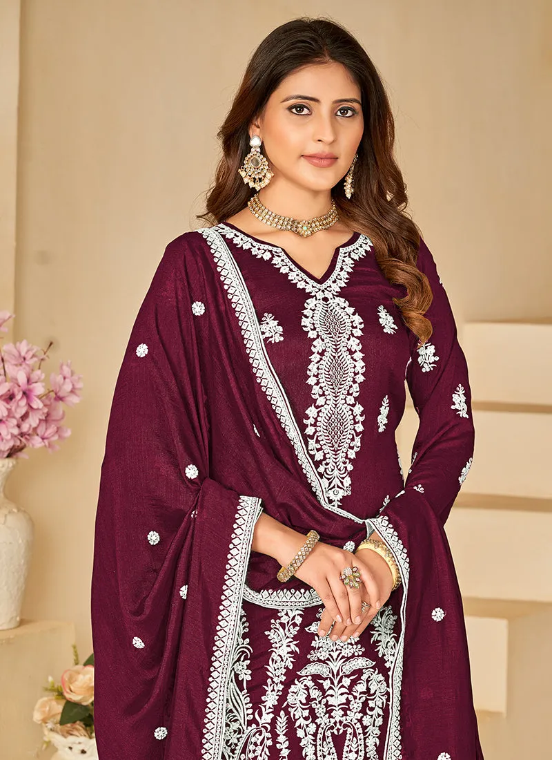 Wine Sequence Embroidery Traditional Palazzo Suit