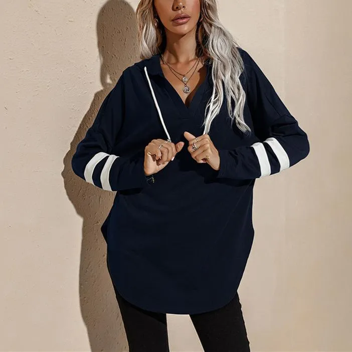 Women v neck stripe prined sleeve pullover hoodie sweatshirt