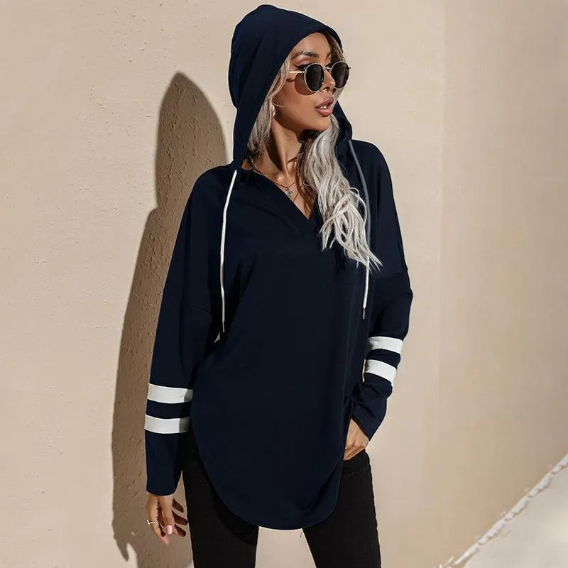 Women v neck stripe prined sleeve pullover hoodie sweatshirt