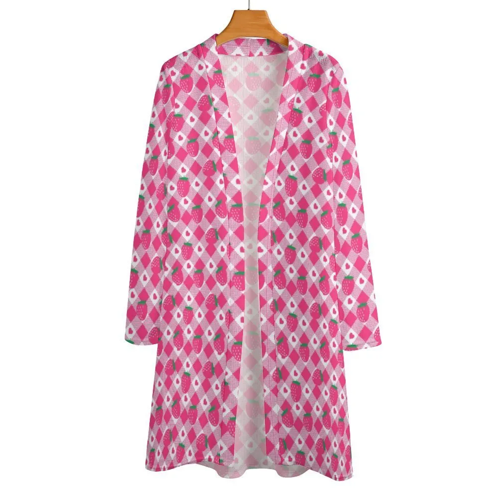 Womens Mid-Length Pink Strawberry Cardigan